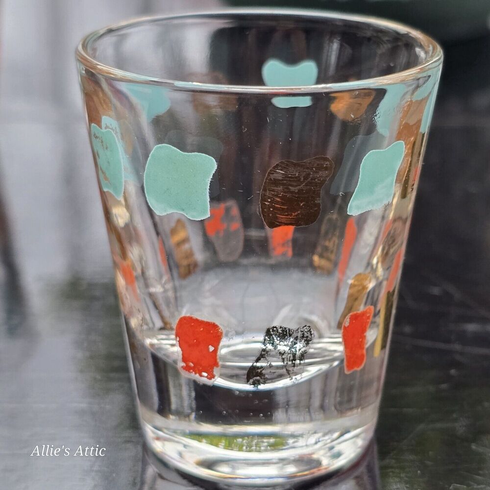 4 Vtg MCM Orange Gold Aqua Teal Blue Atomic Shot Glasses‎ Cocktail Barware Set - Picture 2 of 5